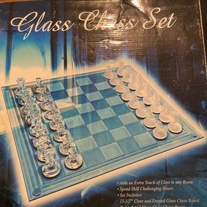 Vintage Glass Chess Set 32 Pieces Frosted and Clear with Glass Board